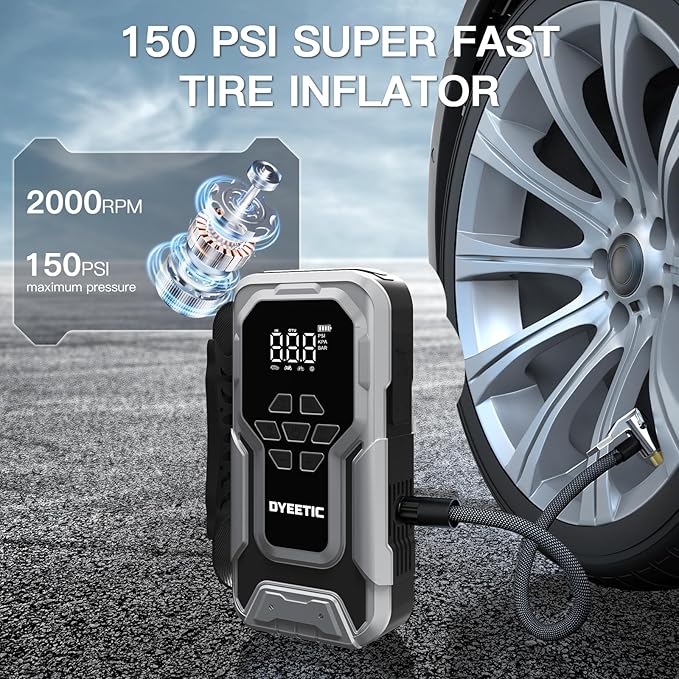 Portable Car Jump Starter with Air Compressor,7000A 150PSI Car Battery Jump Starter with Tire Inflator,12V Pack Jump Box with Large Digital Display, 21800mAh Power Bank,Smart Jumper Cable