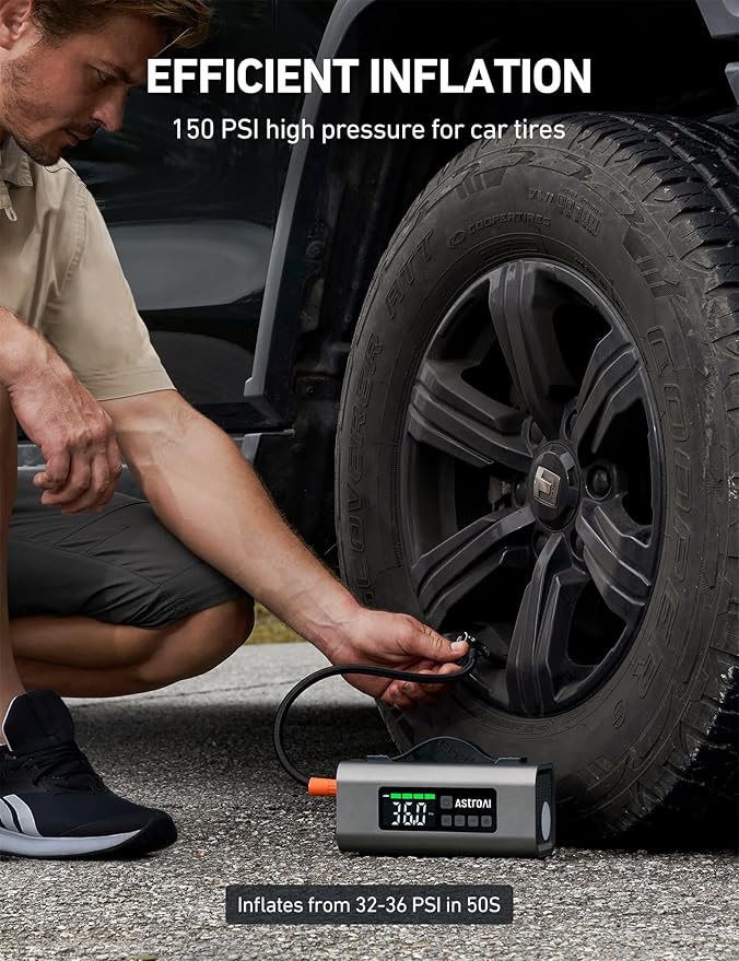 AstroAI Portable Jump Starter with Air Compressor 150PSI, 2500A Car Battery Jump Starter Pack Up to 7.5L Gas & 5.0L Diesel Engine, UL Certified, 12V Jump Box Car Battery with LCD Display, Lights