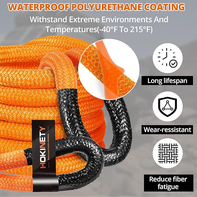 Kinetic Recovery Tow Rope: 1.26" x 30ft Snatch Strap with Soft Shackles Heavy Duty Offroad Towing Straps Kit for Trucks SUV UTV ATV Tractor Car Jeep - Orange