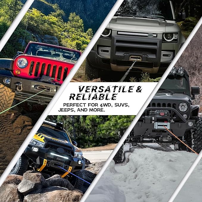 Synthetic Winch Rope Kit - 1/4" x 50' 10000 lbs Kinetic Recovery Cable for ATV UTV Off-Road Vehicles with Forged Hook, Rubber Stopper, Protective Sleeve and Safety Pull Strap - Green