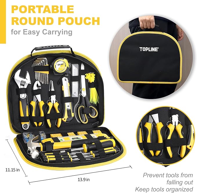 TOPLINE 208-Piece Basic Home Tool Kit with Easy Carrying Round Pouch, Household Hand Tools for Apartment, Home, Basic Tool Set, Perfect for DIY Projects, Home Maintenance