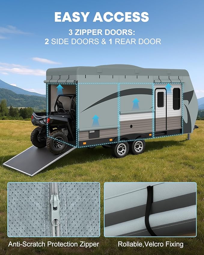 Kohree Travel Trailer Cover 22-24 ft with 8 Enlarged Vents, Sturdy & Waterproof & Anti-UV RV Camper Cover Kit with Front & Back Sign for All Weather Protection A