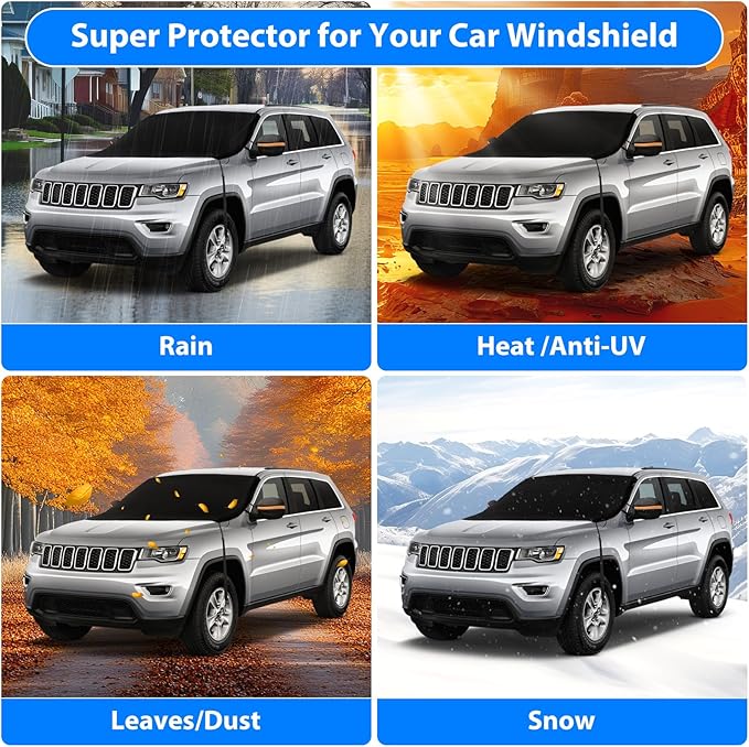 BOGI Windshield Cover for Ice and Snow, Heavy Duty 600D Windshield Snow Cover with 2 Mirror Covers Waterproof Car Cover for Snow Windshield Protector for Cars, SUVs, Trucks (77"x47")
