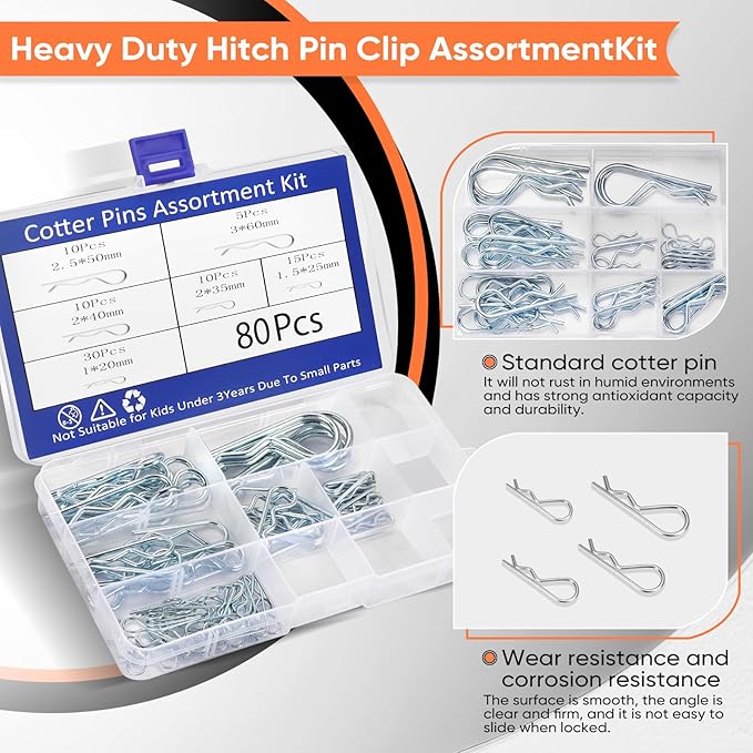 80Pcs Hitch Pin,6 Sizes Hardware Cotter Pins Clip Assortment Kit - 304 Stainless Steel R Hairpin Cotter Fastener Clip Suitable for Truck and Engine Maintenance, Hanging Needle Lock System