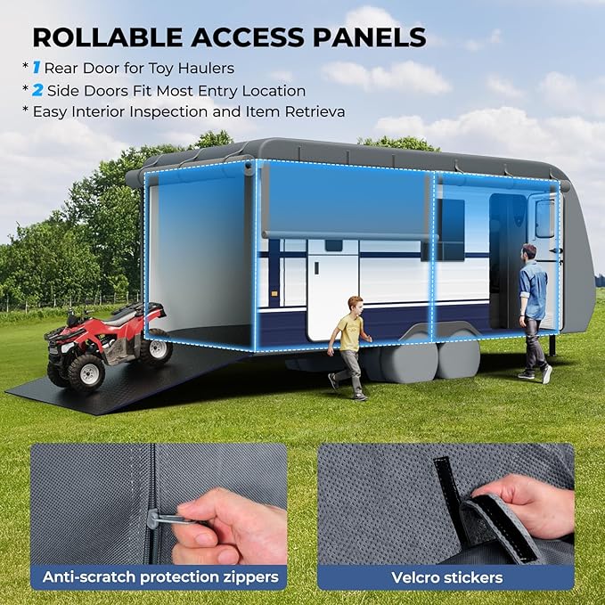 RVMasking Travel Trailer RV Cover 20-22ft, 7 Layers Extra-Thick Camper Cover Waterproof Windproof for Toy Hauler with 4 Tire Covers & Tongue Jack Cover, Durable Trailer Cover for RVs, Medium Gray