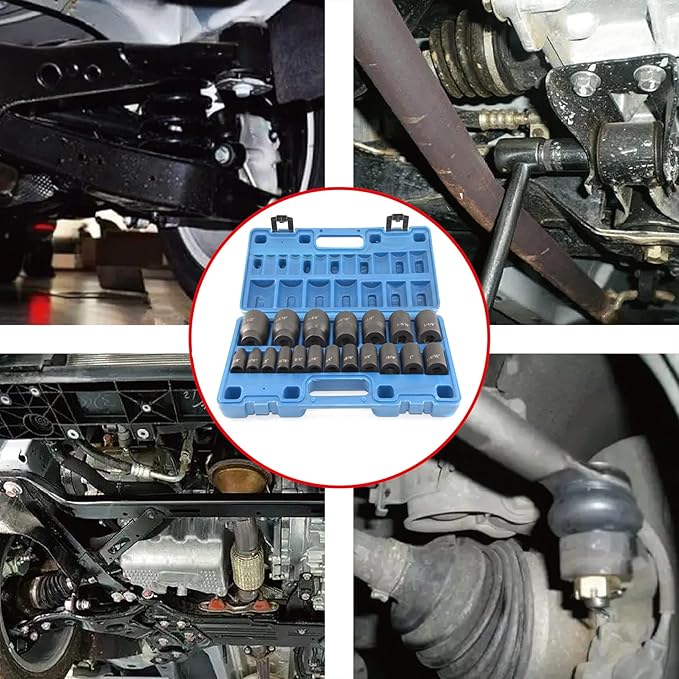 MacWork 19 Piece 1/2-Inch Drive Standard/Shallow Impact Socket Set, SAE, 3/8" to 1-1/2", CR-V&Cr-Mo Alloy Steel, 6-point Hex Radius Corner Design