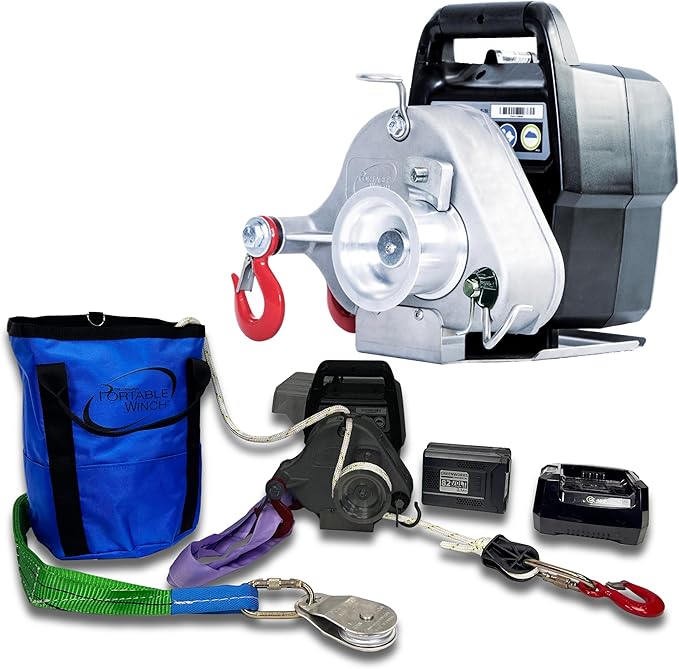 Portable Winch PCW3000-Li-A Battery-Powered Capstan Winch with Accessories - 2,200 lbs Pulling Capacity Winch, Lithium-Ion 80/82 V Batteries Powered, for Hunting, Logging, and Towing