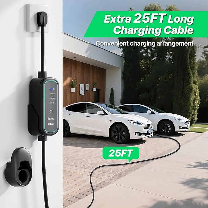 40A Level 2 EV Charger Portable J1772 Adjustable Amps 240V Mobile Electric Car Chargers with NEMA 14-50 Plug, 25FT Cable, Wall Mount Holster, Travel Storage Bag Included