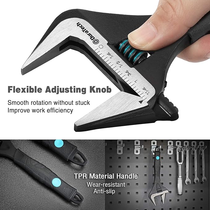 DURATECH 8-Inch Adjustable Wrench, Wide Jaw Opening Black Oxide Finish Plumbing Wrench, CR-V Steel, SAE and Metric Scale Marked, Ergonomic Grip