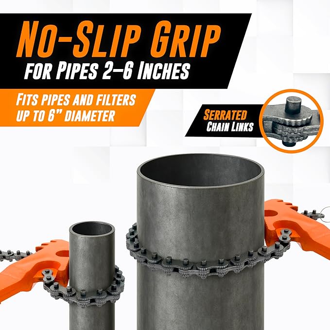 Mutt Tools Chain Wrench 24 Inch - Heavy Duty Chain Pipe Wrench with I-Beam Handle for Large Pipes & Oil Filters - Professional Millwright Tool with 6" Max Clamp - Rust-Resistant Finish