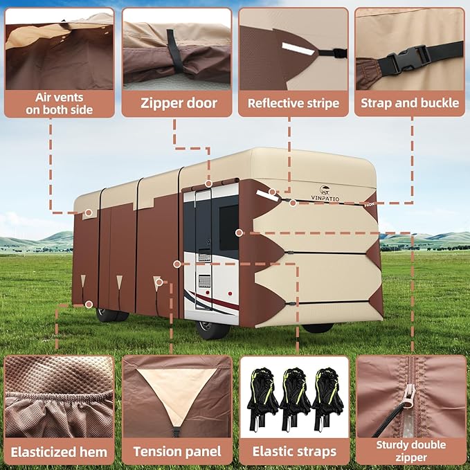 VINPATIO Class A RV Cover: Fits 34'-37' RV, Oxford Fabric Two Color Design, Heavy Duty Windproof Waterproof Class A Motorhome Cover with 3 Extra Long Straps, Gutter Covers