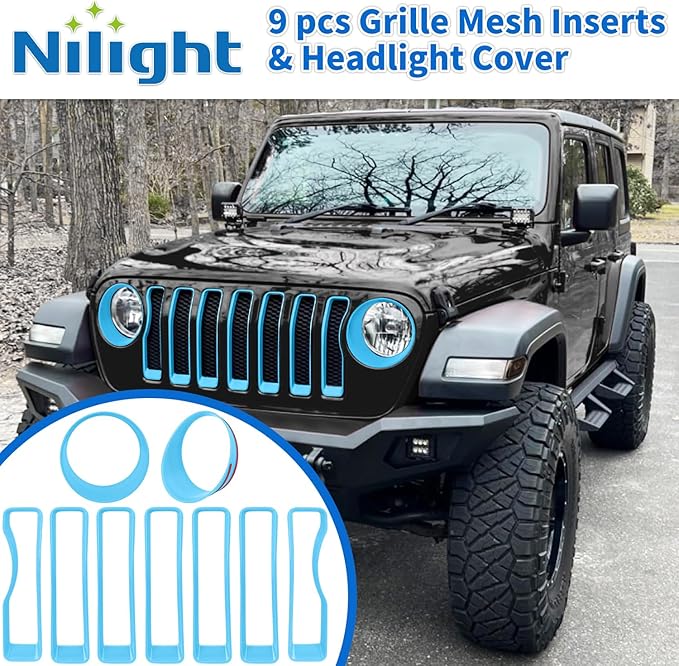 Nilight Grill Inserts fit for Jeep Wrangler Front Grille Inserts Headlight Cover Set for JL JLU Unlimited Sport SportS 2018 2019 2020 2021 2022 2023 Grille Bezels Trim Exterior Accessories Blue 9 Pcs