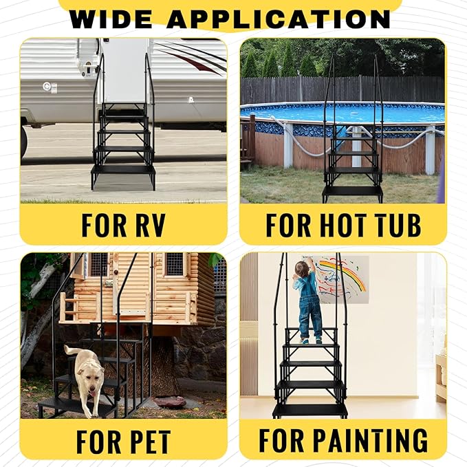 RV Steps with 2 Handrails, Hot Tub Steps Outdoor, 5 Step Ladder Stool, RV Stairs with Anti-Slip Panel, Camper Steps for Spa, Travel Trailers, Pool and Porch