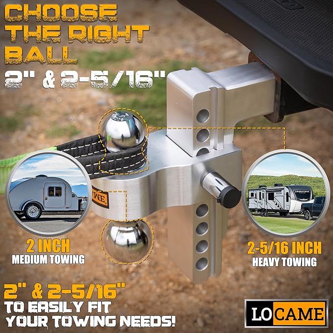 LOCAME Adjustable Trailer Hitch, Fits 2-Inch Receiver, 8-Inch Drop/Rise Aluminum Drop Hitch, 12,500 LBS GTW-Tow Hitch for Heavy Duty Truck with Double Stainless Steel Locks, Silver, LC0004