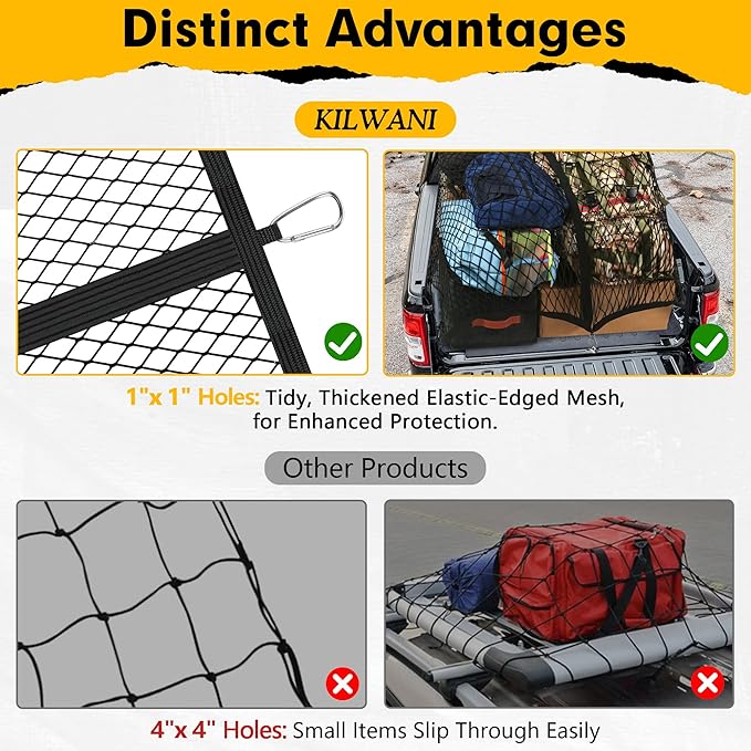 Cargo Net for Pickup Truck Bed 4'×4' Stretches to 7'×7', Highly Elastic Truck Bed Net with Fine Mesh & 8 Strong Metal Carabiners, Easy to Install Cargo Netting for Vehicles, Trailers, Boats