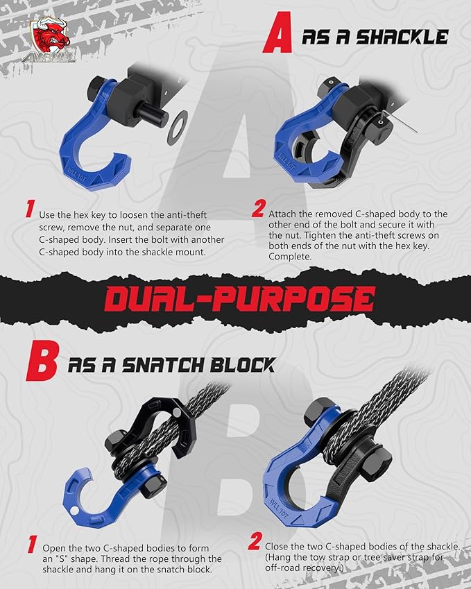 D Ring Separate Shackle with Snatch Block, 3/4" Easy Open Shackles w/Snatch Block Pulley, Heavy Duty Shackle for Towing Winch, Pulley for Off-Road Vehicle Recovery, Truck, ATV, UTV, BlackBlue