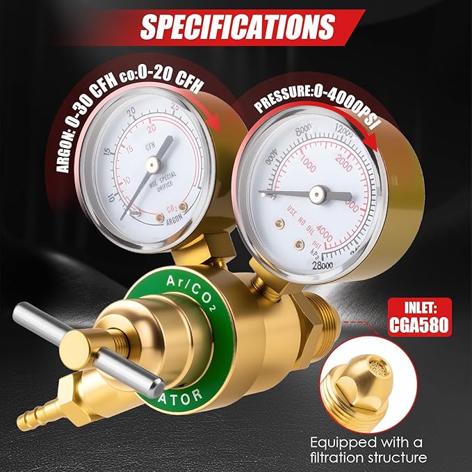 Argon Co2 Regulator, Welding Argon Gas Regulator for TIG and MIG, Dual Gauge Co2 Regulators with 6.6FT Welding Gas Hose, CGA580 Inlet Connection, 0-4000PSI Input Pressure
