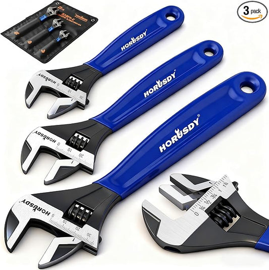 HORUSDY 3 Piece Adjustable Wrench Set, Wide Jaw Black Oxide Wrench, Metric & SAE Scales, Cr-V Steel, for Home, Garage, Workshop