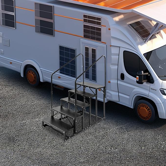 5-Step RV Steps with Handrail, Heavy Duty Carbon Steel Freestanding Outdoor Stairs for RV Camper Mobile Home Pool Hot Tub, Portable Staircase (5 Steps)