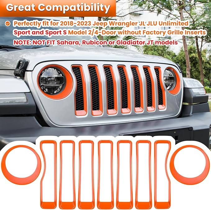 Front Grille Mesh Inserts & Headlight Cover for Jeep Wrangler JL JLU Unlimited Sport/Sports 2018-2023 Exterior Accessories Clip-in Grille Guard Cover Headlight Bezels Trim Ring (Orange 9PCS)