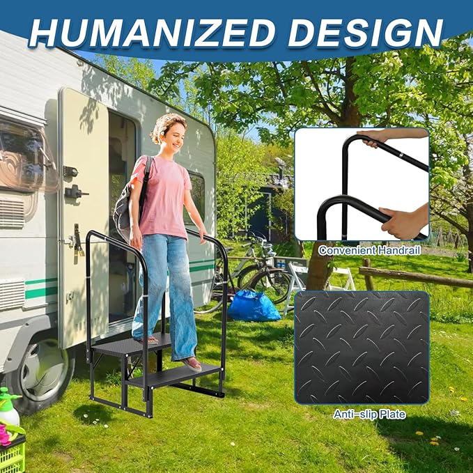 RV Steps, 2-Steps RV Stairs with Handrail Hot Tub Steps Camper Steps, Non-Slip Steps Outdoor Stairs for RV, Trailer, Mobile Home Stairs, Outdoor Spa