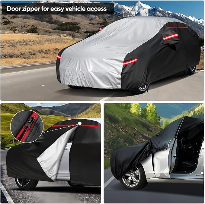 Neverland Car Cover - Car Cover Waterproof All Weather Snowproof UV Protection Windproof Full Car Covers with Side Door Zipper,Reflective Strips,Storage Bag Full Exterior Covers