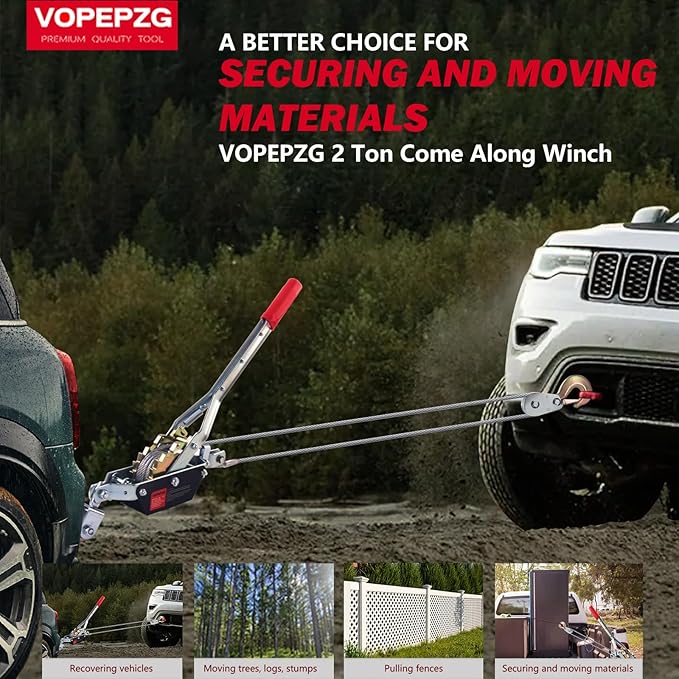Come Along Winch,2 Ton Capacity with 12FT Steel Cable,Heavy Duty Come Along Tool with Dual Gears,2 Hooks,Hand Winch Tool for Road Vehicle Recovery and Pulling Tree,Fence Stretcher,Frame