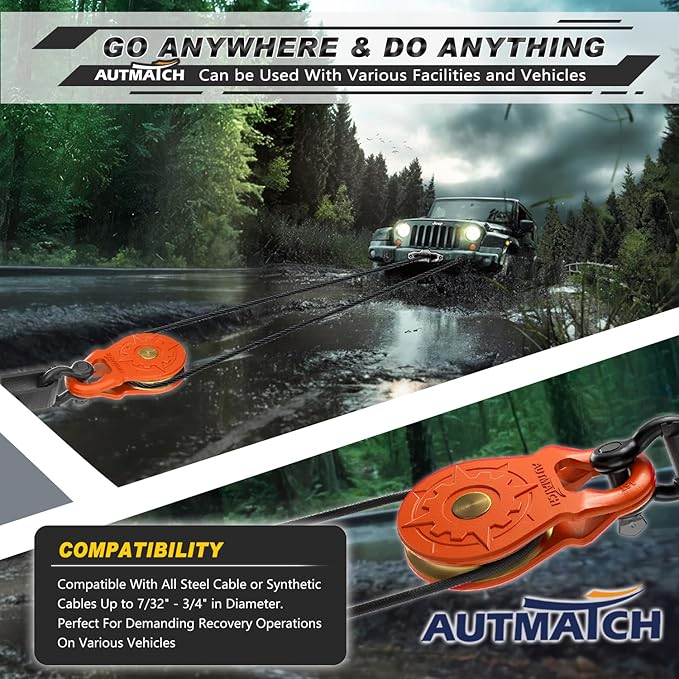 AUTMATCH Winch Snatch Block 18 Ton - Winch Pulley (79,366 Lbs) Break Strength, Heavy Duty Off Road Recovery Towing Pulley Blocks for Synthetic Rope or Steel Cable, Truck, UTV, ATV, Orange