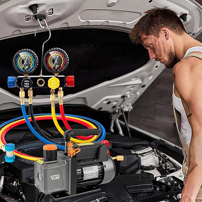 4.5 CFM AC Vacuum Pump and Gauge Set,for Mini Split/HVAC/Auto Systems,Manifold Gauge Kit Fits R134a R22 R410a,with Leak Detector,Upgraded Trifold Storage Case,4 Hoses,R134a Can Tap