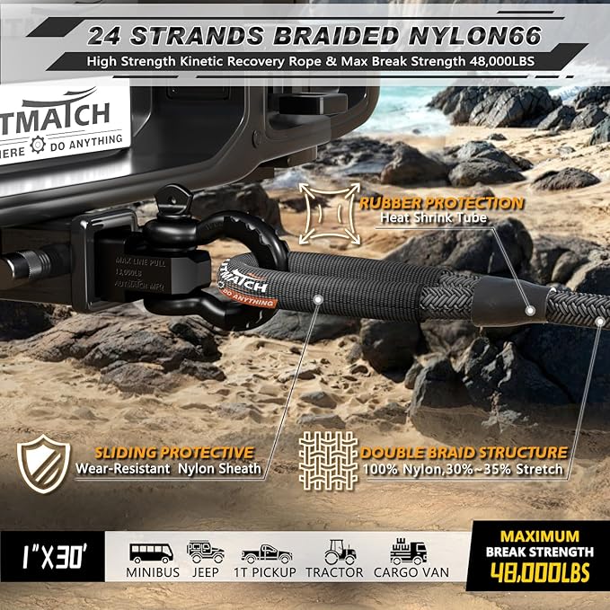 AUTMATCH Kinetic Recovery Tow Rope 1" x 30FT - Heavy Duty Energy Recovery Tow Rope 48000Lbs, 35% Elasticity Offroad Snatch Strap for 4x4 Off-Road Vehicle, Truck, Trailer, ATV, UTV, Black