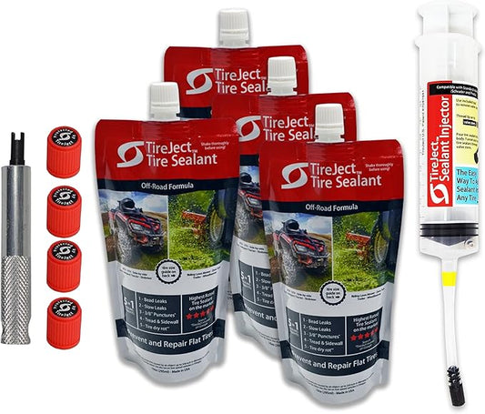 TireJect Off-Road Tubeless Tire Sealant Kit: Fix a Flat Tire & Prevent Flat Tires, Seal Punctures Leaks Dry Rot Thorns Nails Screws, tire Repair Slime, Puncture tire Sealer (40oz, 4-Tire Value Pack)