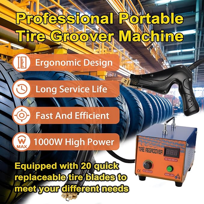 High Power Professional Portable Tyre Regroover with 20 Blades,1000W Temp Adjustable Rubber Tire Engraving Machine for Off-Road/Truck,Grooving Device Tool Kit for Tread Patterns,Retreading Old Tires