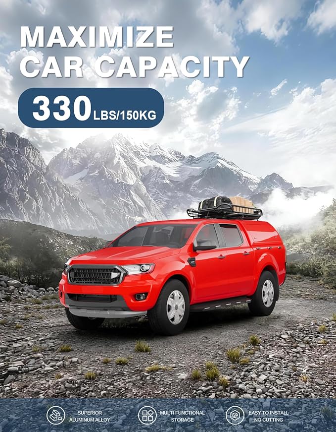 57" Universal Roof Ladder Rack for Van & Pickup Truck Cap & Topper, Roof Rack, 2 Bars, Heavy Duty Aluminum Ladder Roof Van Rack Truck Rack (Drilling Required) Adjustable Ladder Rack (Black)