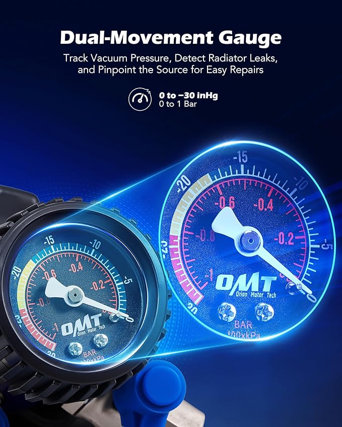 Orion Motor Tech Coolant Vacuum Refill Kit, Cooling System Vacuum Fill Tool with Leak Detector 5 Round Adapters 1 Conical Adapter, Radiator Coolant Fill Kit with Dual-Movement Gauge for Vacuum Leak