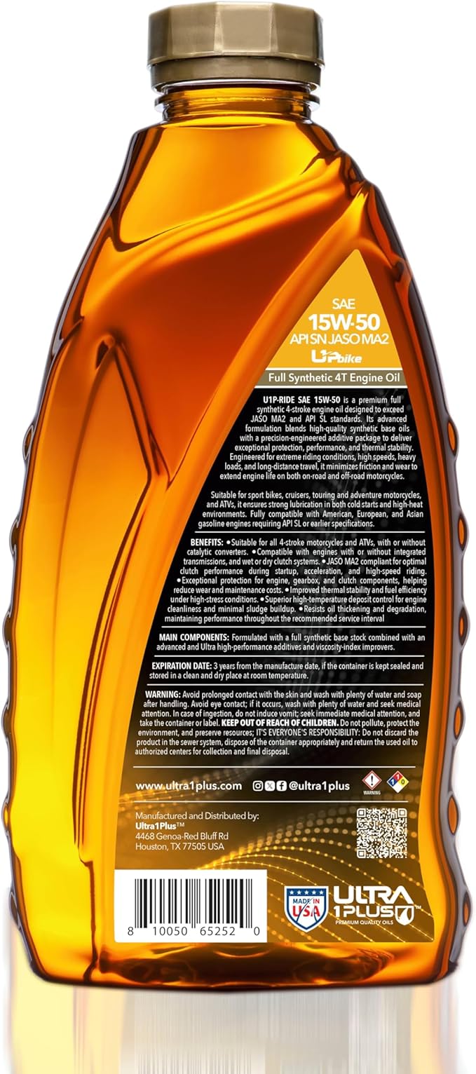 ULTRA 1PLUS 4T 15W-50 Full Synthetic Motorcycle Oil API SN JASO MA2-15W50 motor oil, 6 Quarts