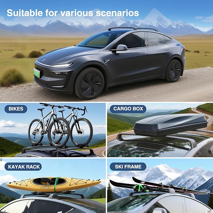 2PCS Cross Bar Roof Racks Compatible with 2021-2025 Tesla Model Y Juniper, 176LB Load Capacity, Lockable Luggage Cargo Rails Carrier Accessories Fits Bikes Kayaks Ski Tent Roof Box