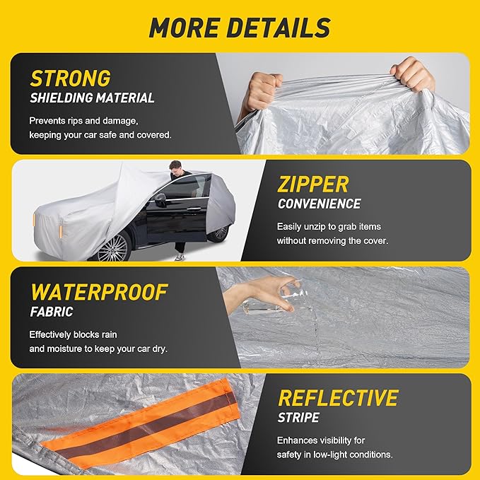 Caromop 10-Layer Waterproof Car Cover All Weather Protection (Snow, Rain, Sun) with Secure Fit Straps and Easy On/Off Zipper-Size S6 (See Size-Chart)