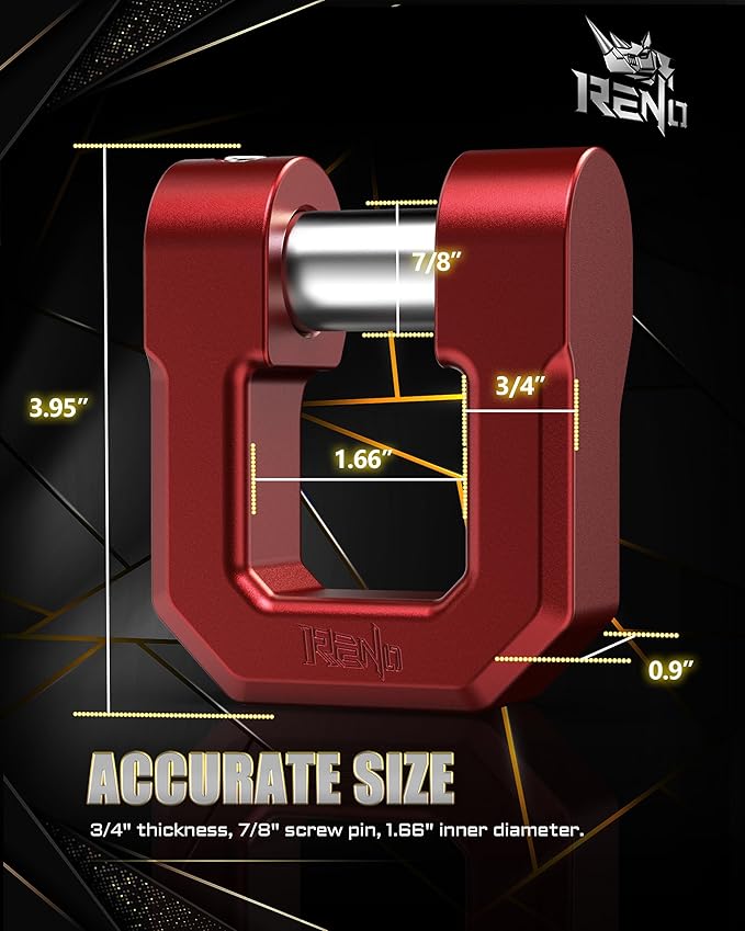 RENO 3/4" D Ring Shackle, 68,000 lbs Break Strength with 7/8" Inch Pin Universal Use with Tow Strap Winch for Off-Road Truck ATV UTV SUV Recovery Towing Trailer (Aluminum, 2 Pack, Red)