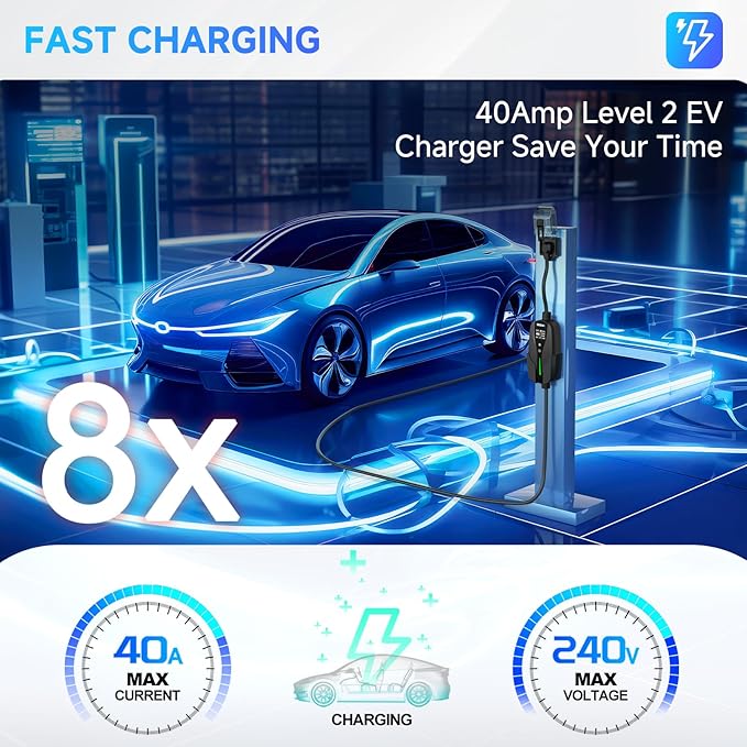 Level 2 EV Charger, 40Amp Electric Car Chargers 25FT Cable with NEMA 14-50 Plug, Adjustable Current, Timing Delay Electric Vehicle Chargers for J1772 BEVs/PHEVs 240V 9.6kW