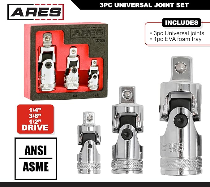 ARES 37001-3-Piece Universal Joint Socket Set - Includes 1/4-Inch, 3/8-Inch, and 1/2-Inch Drive U-Joints - EVA Foam Holder