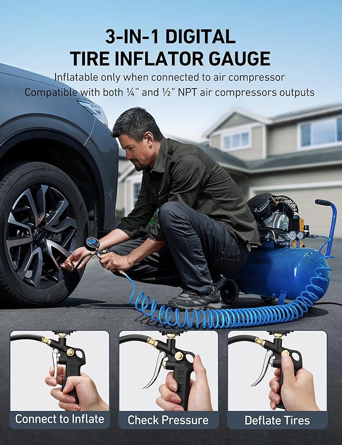 AstroAI Digital Tire Pressure Gauge with Inflator, 3-250 PSI Air Chuck & Compressor Accessories Heavy Duty with Quick Connect Coupler, 0.1 Display Resolution (Standard with Case)