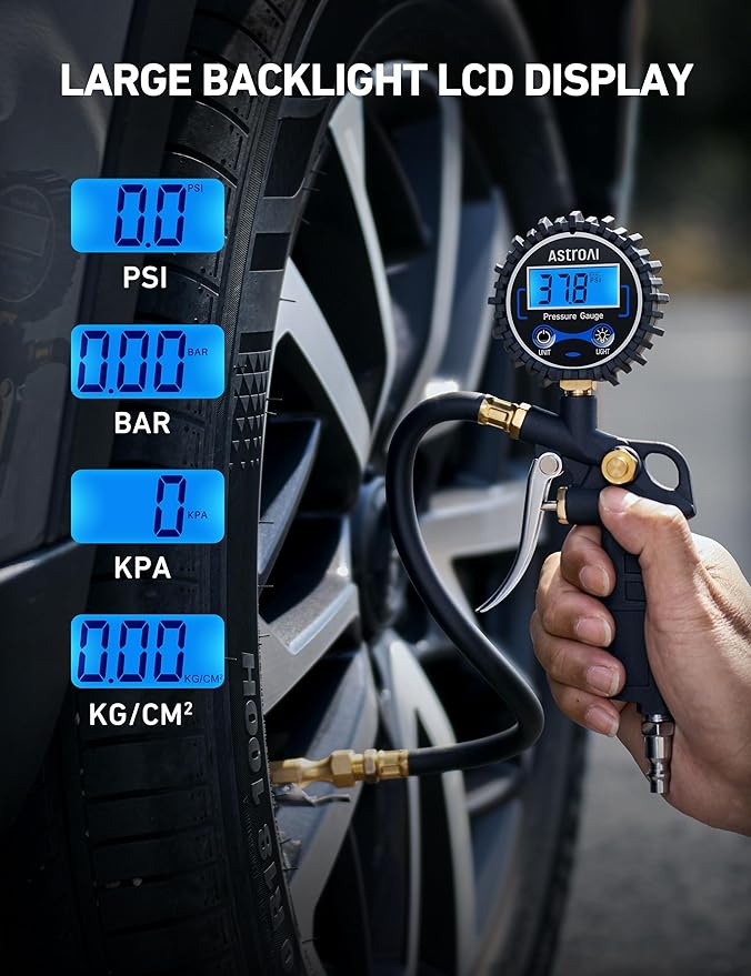 AstroAI Digital Tire Pressure Gauge with Inflator, 3-250 PSI Air Chuck & Compressor Accessories Heavy Duty with Quick Connect Coupler, 0.1 Display Resolution, 1pack