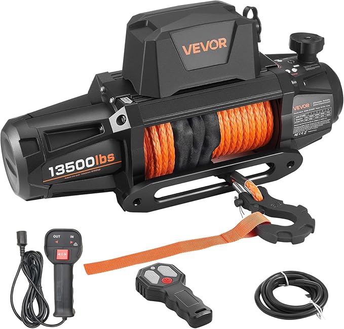 VEVOR Electric Winch, 13500 lbs Load Capacity, 12V DC Truck Winch with Φ3/8 in x 92 ft Synthetic Rope, Wireless & Wired Remote Control, IP67 Waterproof for Towing Off-Road SUV Jeep Trailer Boat