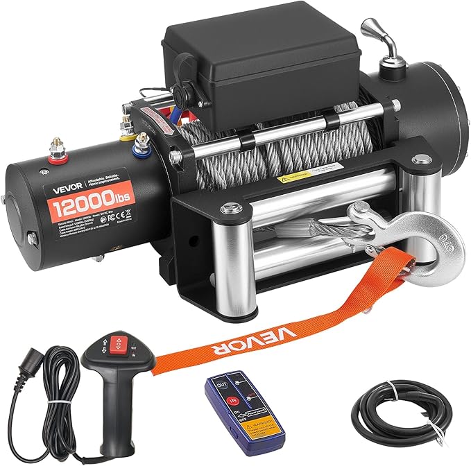 VEVOR Electric Winch, 12000 lbs Load Capacity, 12V DC Truck Winch with Φ0.36 in x 80 ft Steel Rope, Wireless & Wired Remote Control, IP55 Waterproof for Towing SUV Jeep Trailer Boat Off-Road Vehicle