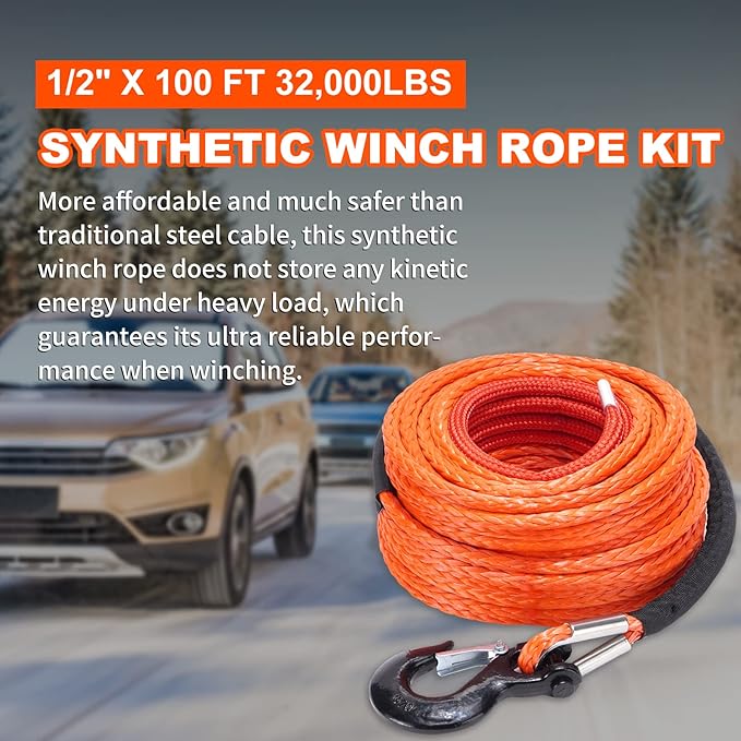 SPARKWHIZ Synthetic Winch Rope Cable Kit: 1/2" x 100 ft 32000lbs Winch Line Cable with Protective Sleeve + Winch Hook for 4WD Off Road Vehicle Truck SUV UTV ATV
