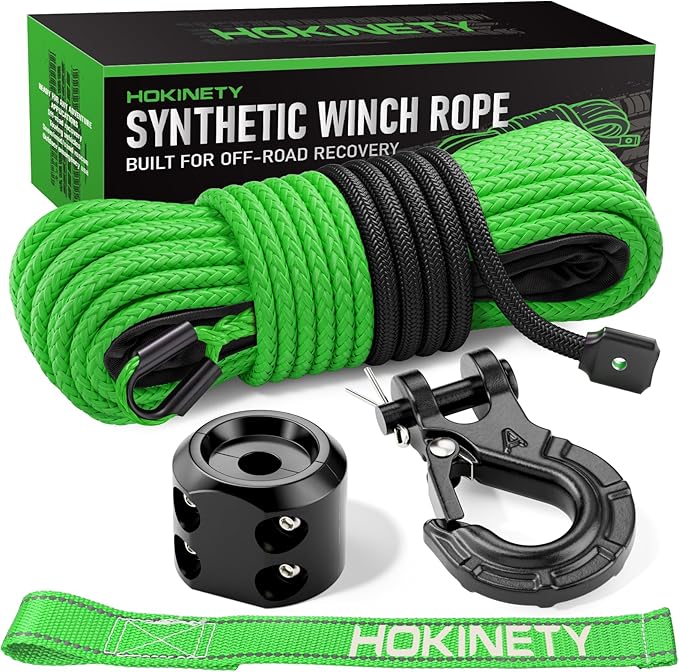 Synthetic Winch Rope Kit - 1/4" x 50' 10000 lbs Kinetic Recovery Cable for ATV UTV Off-Road Vehicles with Forged Hook, Rubber Stopper, Protective Sleeve and Safety Pull Strap - Green