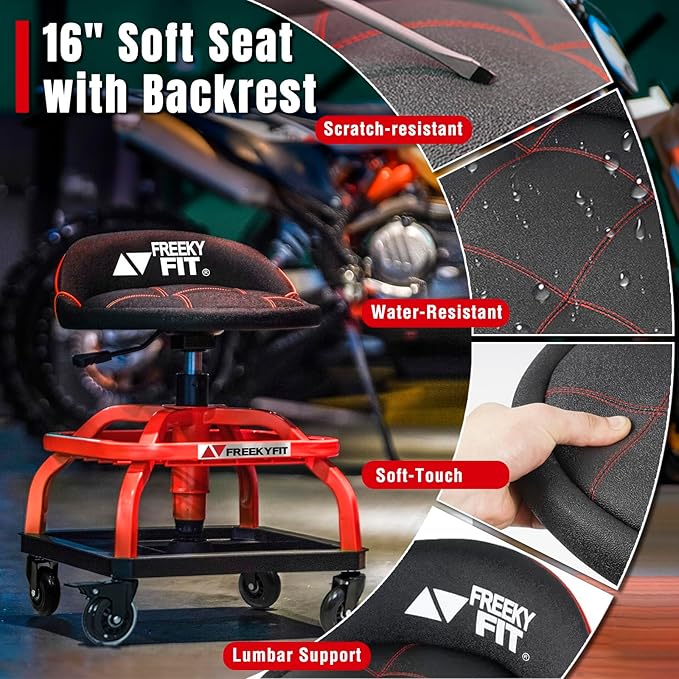 Rolling Shop Stool with Wheels, Garage Work Mechanic Stool with Backrest, Roller Mechanic Chair, Adjustable Height, 360° Swivel, Tool Tray Storage, 330 LBS Capacity, Heavy Duty, Red