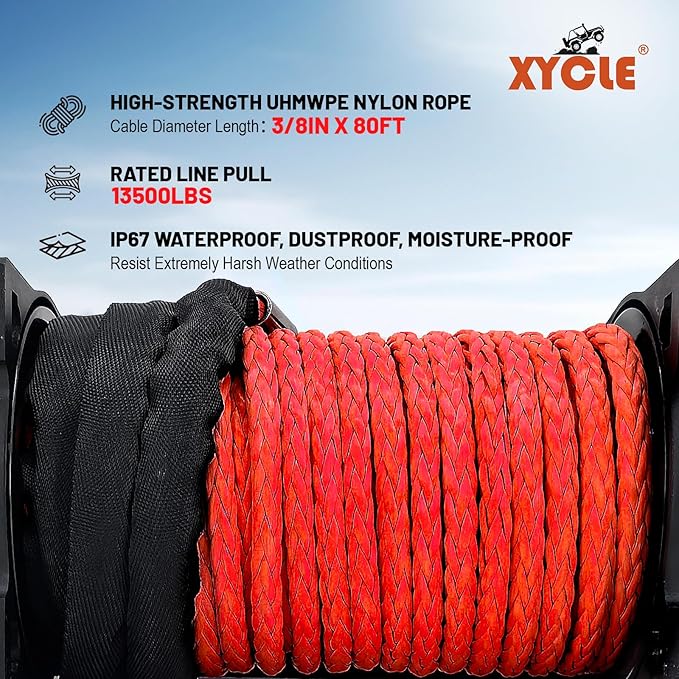 Winch13500lbs 12V Waterproof Electric Winch Synthetic Rope Electric Winch Towing Winch Boat Trailer Winch SUV 4-Wheel Drive Off-Road Vehicle with Remote Control 3/8 Synthetic Rope (Red)