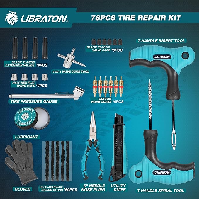 Libraton Tire Repair Kit, 78PCS Tire Plug Kit Heavy Duty Professional Repair Tools to Fix Punctures and Plug Patch Flats, Tubeless Tire Patch Kit for Car, Motorcycle, ATV, SUV, Truck, Tractor, Trailer