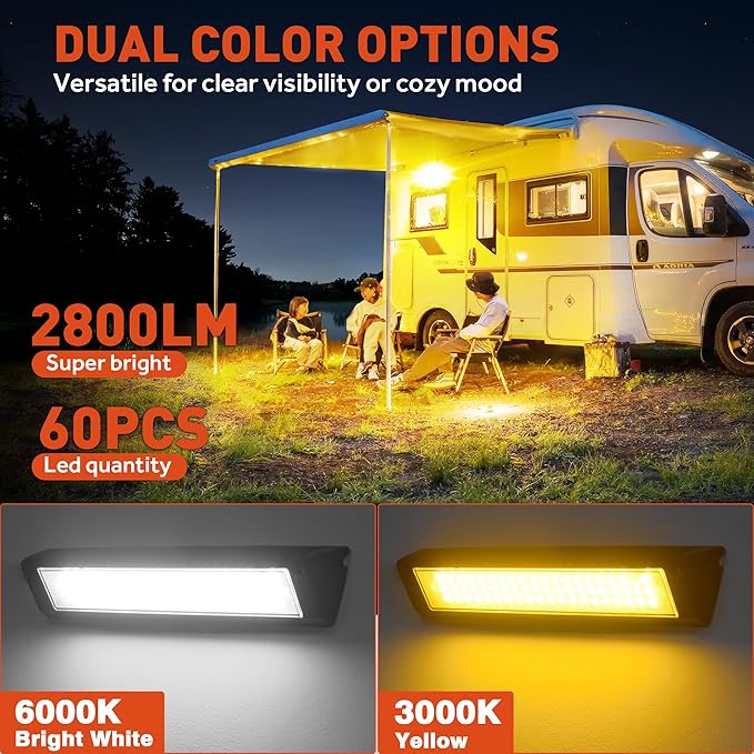 LED RV Exterior Porch Utility Light Waterproof 10-30V DC Low Current 13" Lighting Fixture 90W 2800LM Aluminum Base led Scene Lighting for RV, Trailer, Camper(6000K Nature Yellow White)